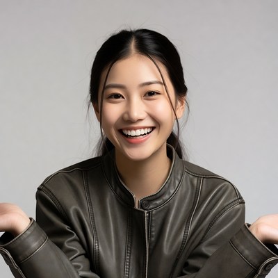 Asian woman smiling in leather jacket