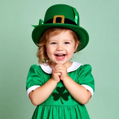 Toddler girl in green leprechaun hat praying