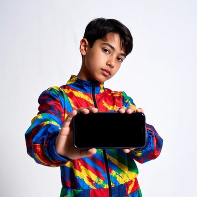 Boy holding blank smartphone