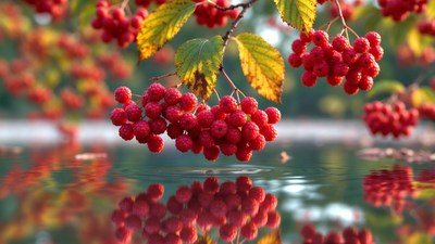 Red Mountain Ash Berries over Water