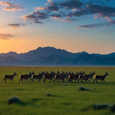 Herd of Pronghorn Antelope at Sunset