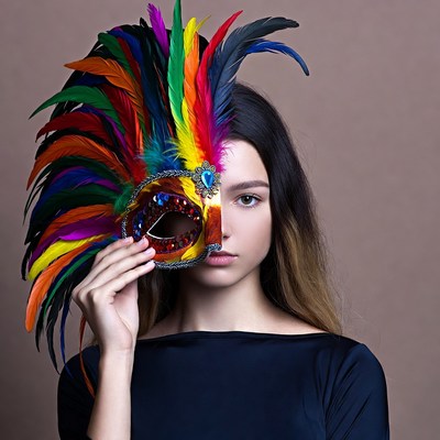 Woman holding colorful feathered mask