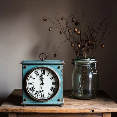 Blue Clock with Dried Flowers in Jar