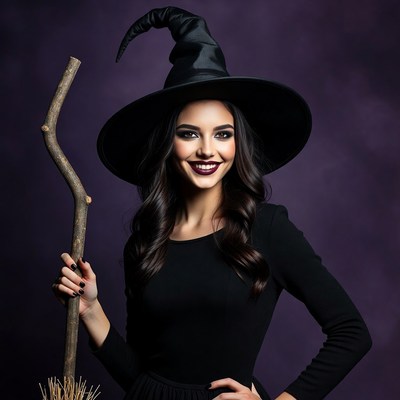 Woman in black witch hat with broom