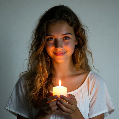 Young woman holding lit candle