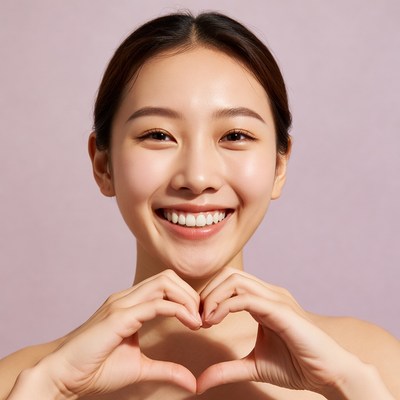 Asian woman making heart hands
