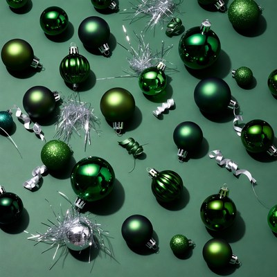 Green Christmas Ornaments on Green Background
