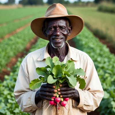 Elderly African farmer holding radishes