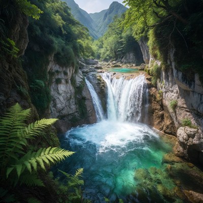 Turquoise Waterfall in Lush Mountain Valley