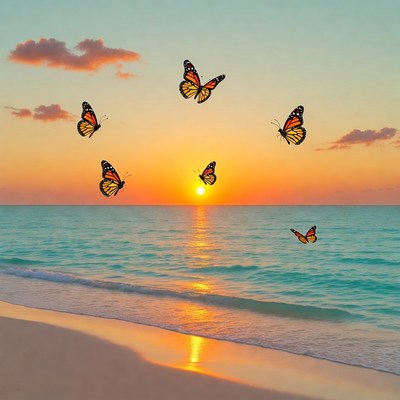 Monarch Butterflies Flying Over Sunset Beach