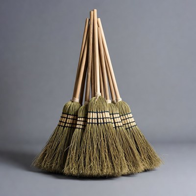 Bundle of natural brooms on gray background