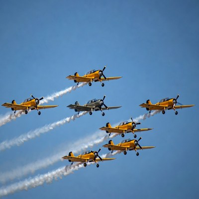 Yellow biplanes flying in formation