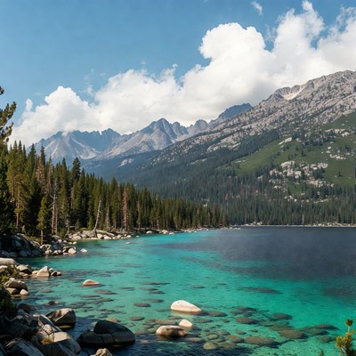 Turquoise Lake with Mountains and Pine Trees