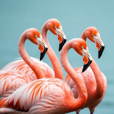 Group of pink flamingos on blue background