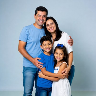 Happy Latino family of four smiling