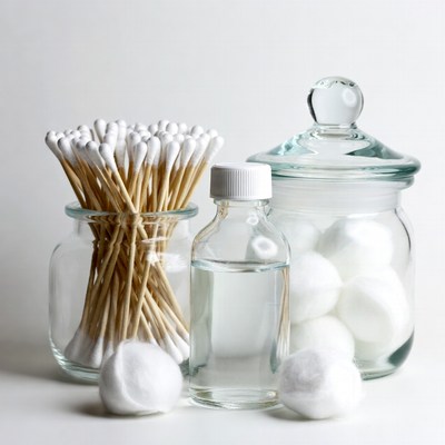 Cotton swabs, balls, and liquid bottle