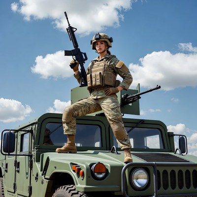 Female soldier with rifle on Humvee