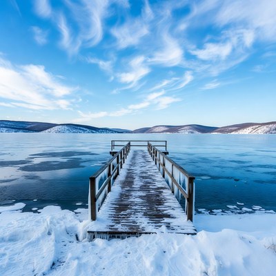 Wooden Pier on Frozen Lake