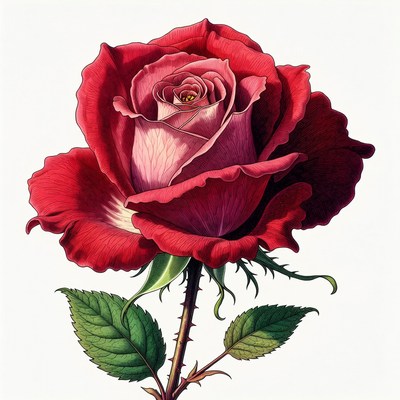 Red Rose with Stem and Leaves
