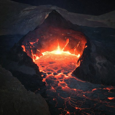 Volcanic Crater Erupting Lava at Night