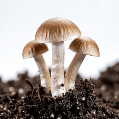 Three Brown Mushrooms Growing in Soil