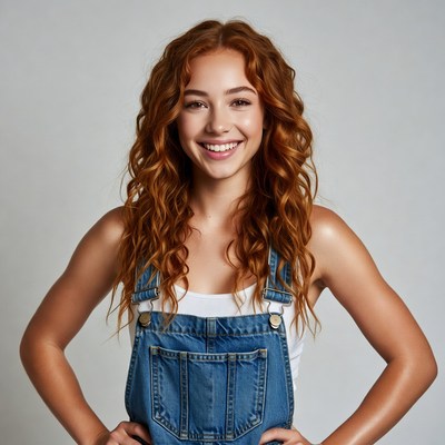 Smiling woman in denim overalls