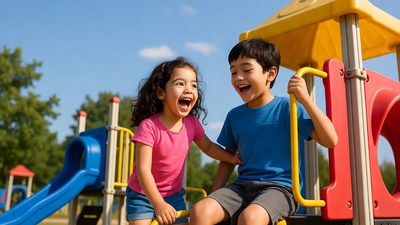 Boy and girl laughing on playground