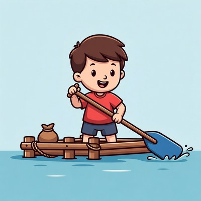 Boy rowing wooden raft illustration