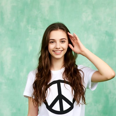 Girl hand on ear in peace shirt
