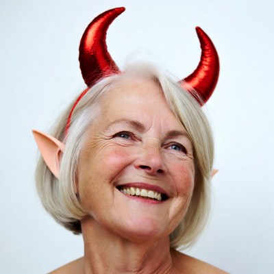 Elderly woman with red devil horns