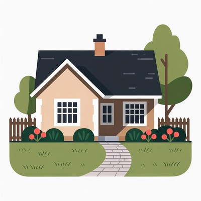 Cartoon House with Garden and Fence