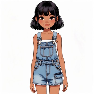 Asian girl in denim overalls