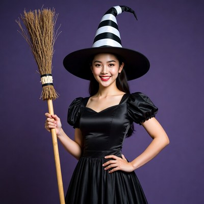Asian woman in witch costume with broom