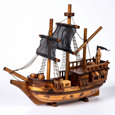 Wooden pirate ship model with figure
