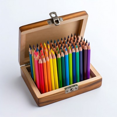 Open wooden box of colorful pencils