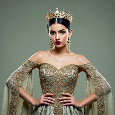 Woman in gold crown and green gown
