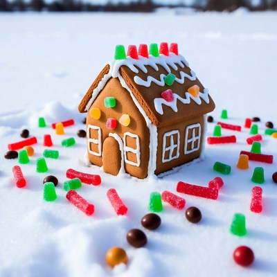 Gingerbread house on snowy ground