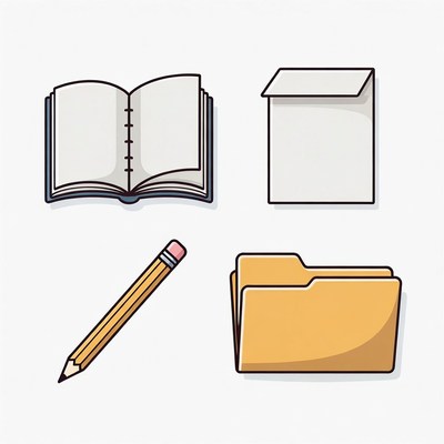 Open Notebook, Envelope, Pencil, Folders