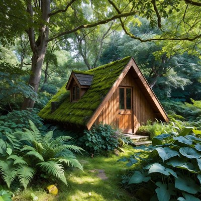 Mossy Wooden Cabin in Lush Forest