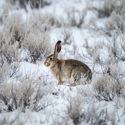 Snowshoe hare in snowy bushes