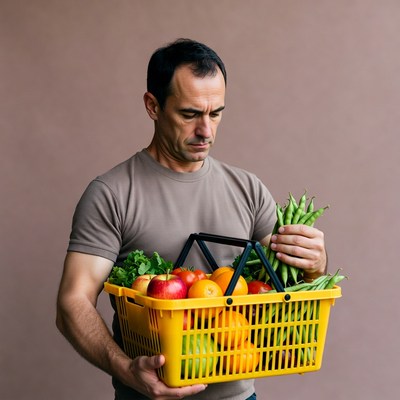 Man holding basket of fresh vegetables