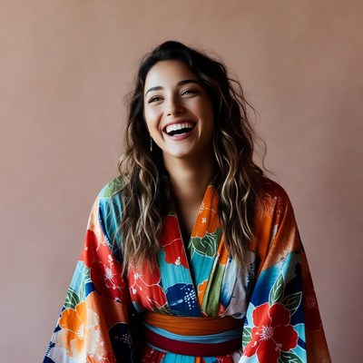 Woman smiling in colorful kimono