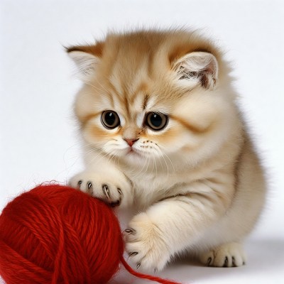 British Shorthair Kitten Playing with Red Yarn