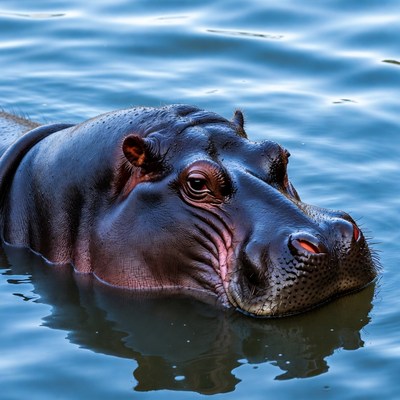 Hippo swimming in blue water