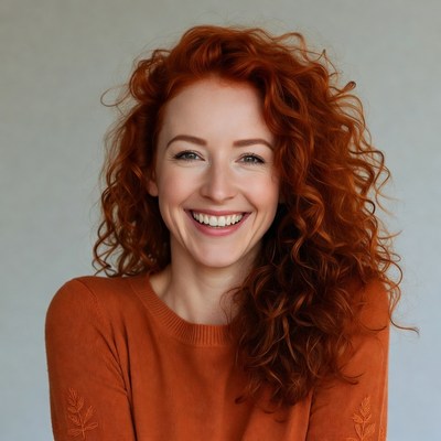 Smiling woman with red curly hair