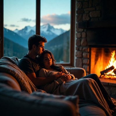 Couple cuddling by fireplace with mountain view