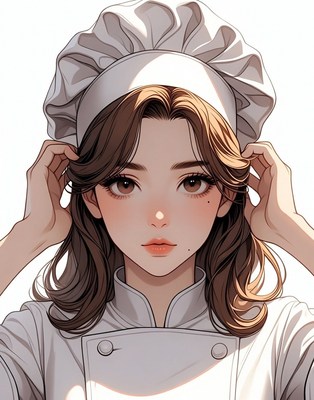 Anime woman chef adjusting hat