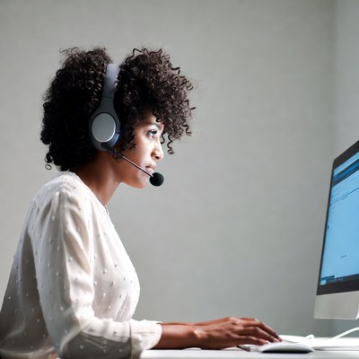 African-American woman working at computer with headset