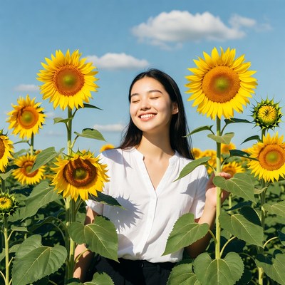 Asian woman smiling in sunflower field