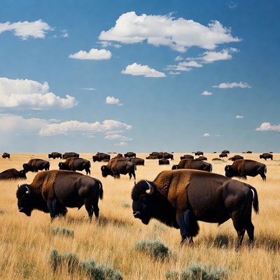 Herd of bison grazing in golden grass